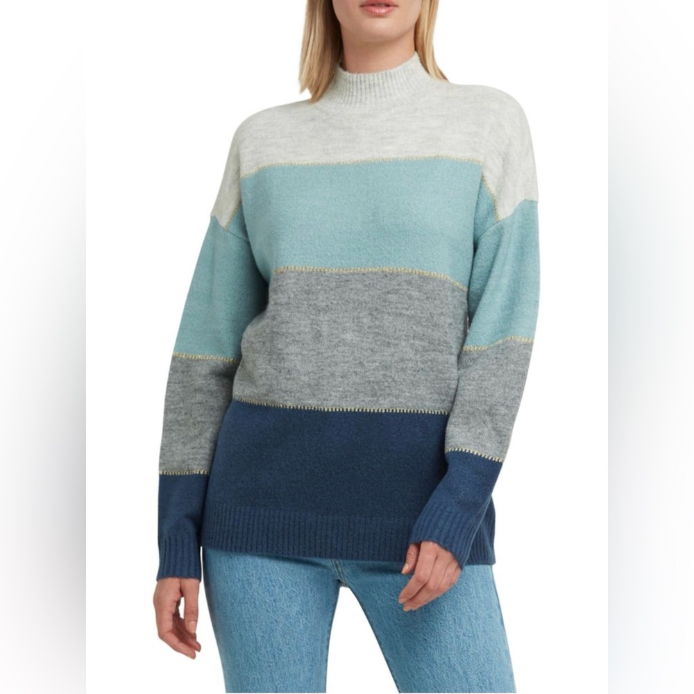 Halston Heritage Colorblock Striped Mock Neck Sweater Blue Grey Gold | Size M